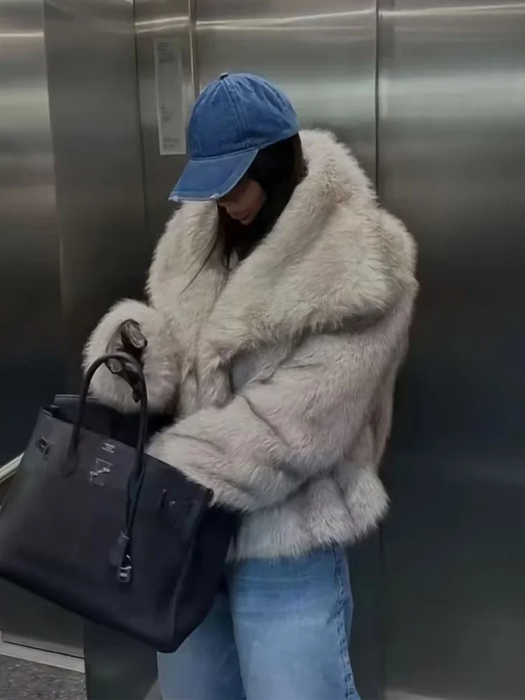 TRAF Women Autumn Winter Faux Fur Coat Plush Fluffy Womens Jacket in Outerwears White Red Gray Black Wool Blends Coats 250729