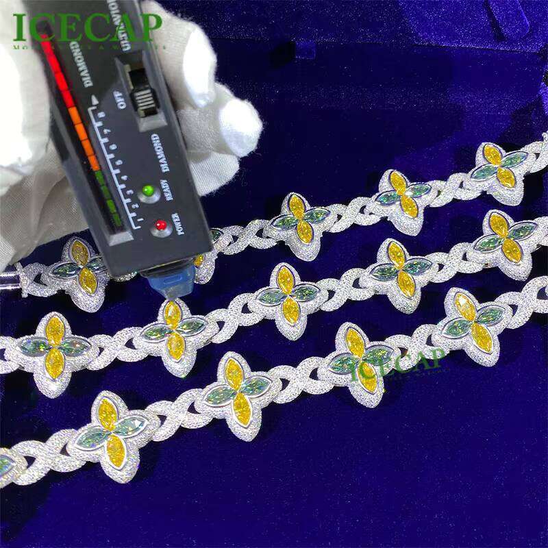 Hot Sale New Design 14MM Sterling Sier Clover Bracelets Iced Out Hip Hop Infinity Colored Moissanite Cuban Bracelet