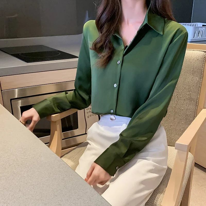 Satin Shirt Women 2023 OL Fashion Long Sleeve Blouse Woman Casual Shirts White Womens Tops Solid Basic and Blouses 250724
