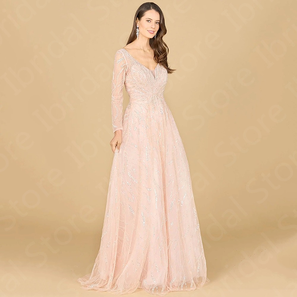 Elegant Pink Mother Gowns for Wedding Women Long Sleeves Sequined Mother of the Groom Dress V Neckline Wedding Party Dress