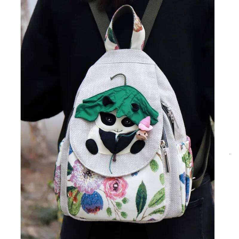 Fashion 3D National Embroidery Women High Quality Linen Female Daypack Pretty Style Cartoon Panda Design Girls Backpack
