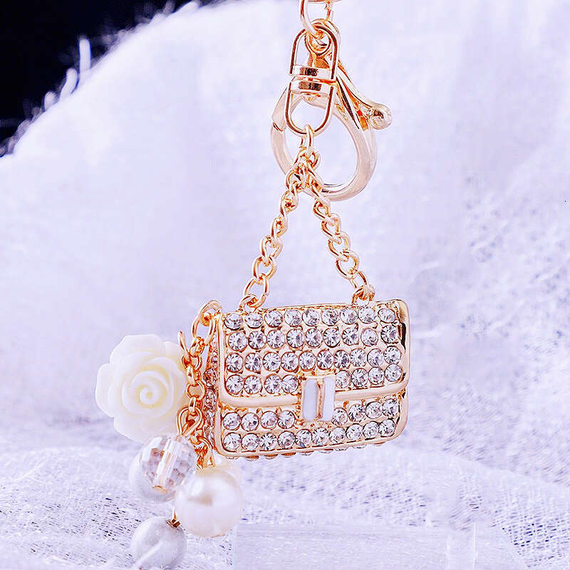 Pearl Chanel Style Crossbody Car Keychain Women's Bag Pendant Metal Key Ring with Inlaid Diamonds Small Gift