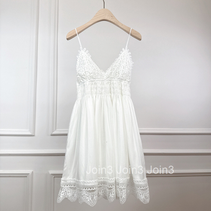 2025 Summer New Style Socialite French Chic Lace Trim White Fairy Sleeveless Strap Dress Short Dress