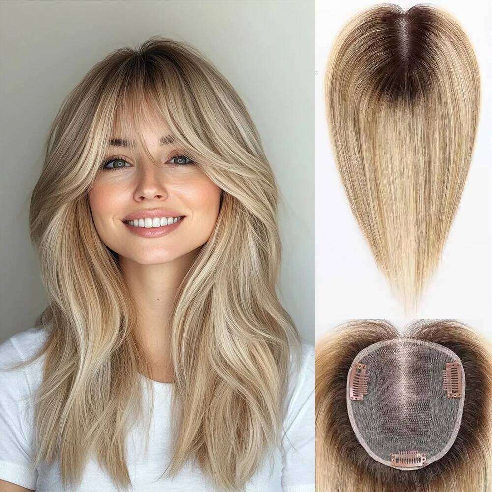 12in Real Human Pieces Brown Blonde Highlight 10*12cm Silk Base Toppers for Women With Thinning Hair