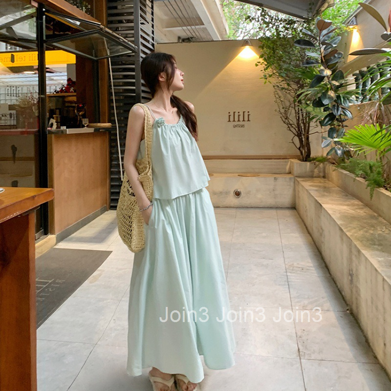 Summer New Fresh High-Waisted Long Skirt Two-Piece Set Sweet Floral Strap Top Half-Length Skirt Outfit for Women