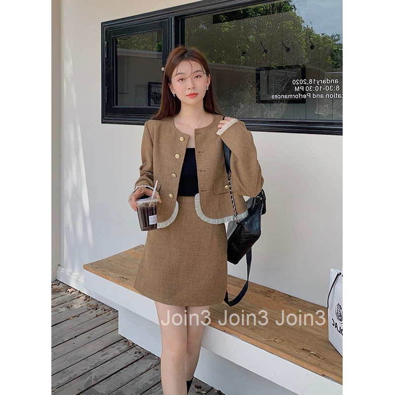 Autumn Winter New French Style Small Fragrance Round Neck Single-Breasted Long Sleeve Jacket and Short Skirt Set for Women