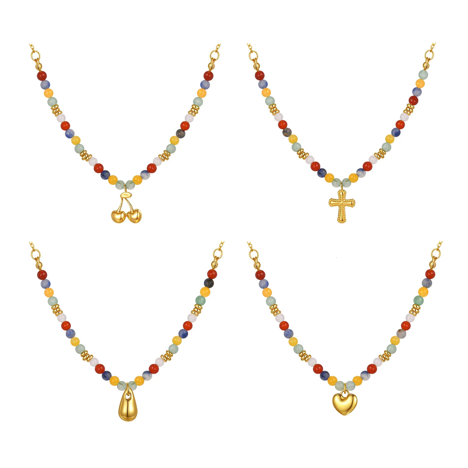 Womens Boho Colorful Natural Stone Bead Necklace Stainless Steel Beaded Chain Water Drop Heart Cross Cherry Pendant Necklace 250729