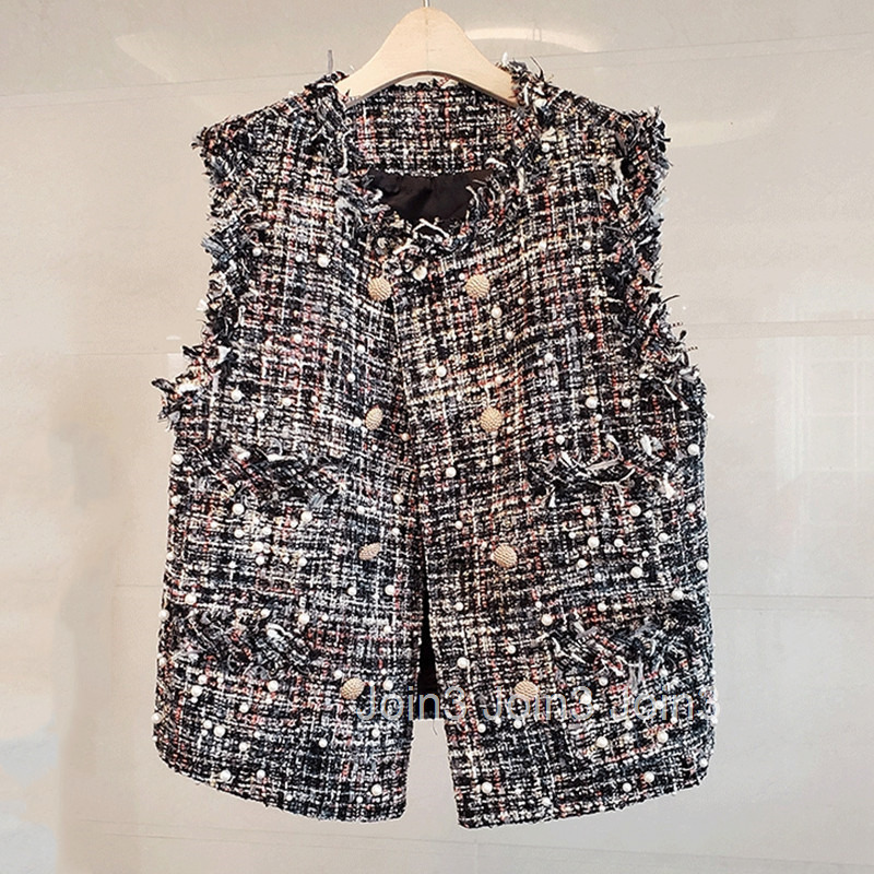 Autumn New Heavy Tweed Small Fragrant Milk Vest Coat Womens Trendy Nail Bead Fur Edge Temperament Double breasted Outer