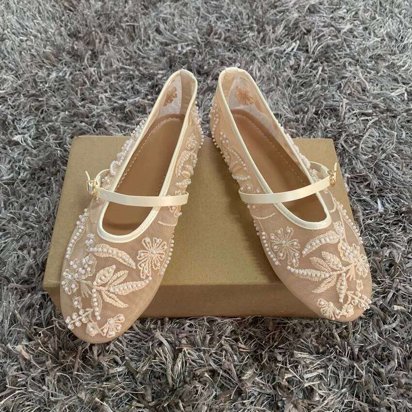 Embroidery Pearl Mesh Ballet Flats Women Fashion Hollow Round Toe Flat Sandals Elegant Comfortable Belt Buckle Mary Jane Shoes