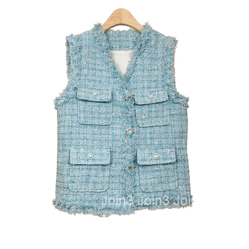 Summer Autumn New Fashion Small Fragrance Style Plaid Tweed Hip-Covering Vest Women Slimming Jacket Womens Top