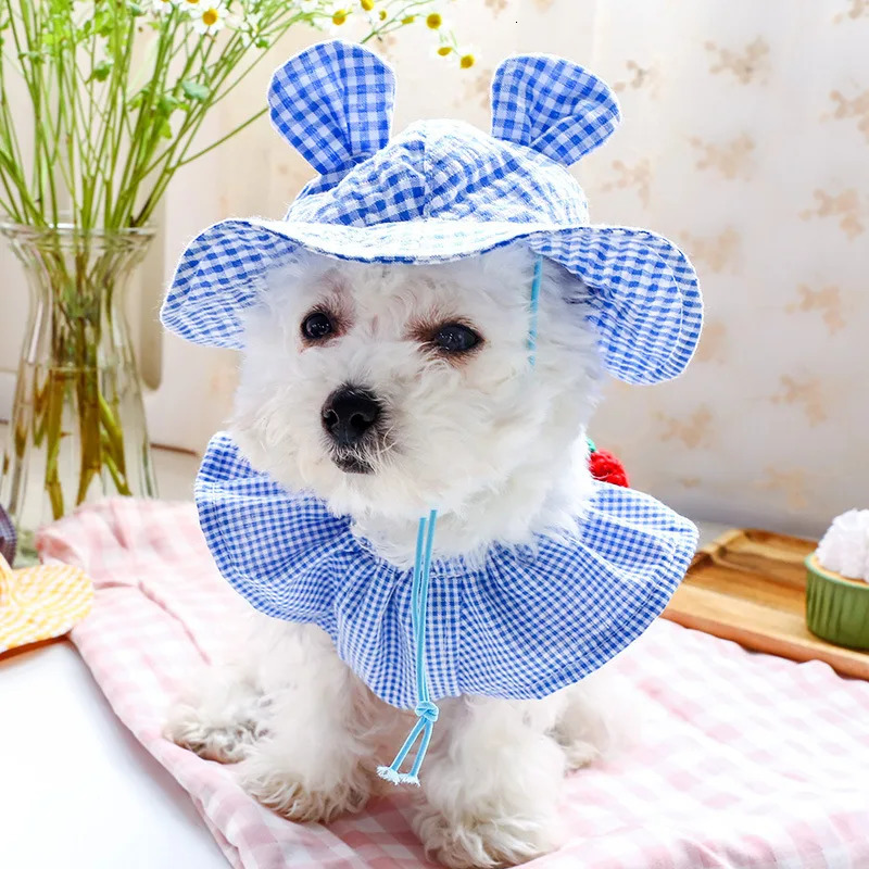 Multiple Color Options Pet Accessories Hat Teddy Bear Sunshade Dog Small Ear Grid Sun Cute UV Protection Outdoor Walking 250729