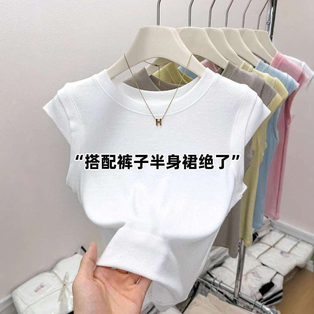 sxzy Summer Design Sense Niche Round Neck Flutter Sleeve T-Shirt Fashionable and Youthful Slim Fit Short Sleeveless Top for Women