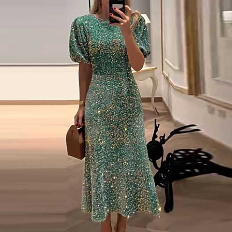 2024 New Lady Temperament Slim Banquet Dress Fashion Shiny Sequin Long Dress Casual O-neck Short Sleeve High Waist Dress for Women Z250728