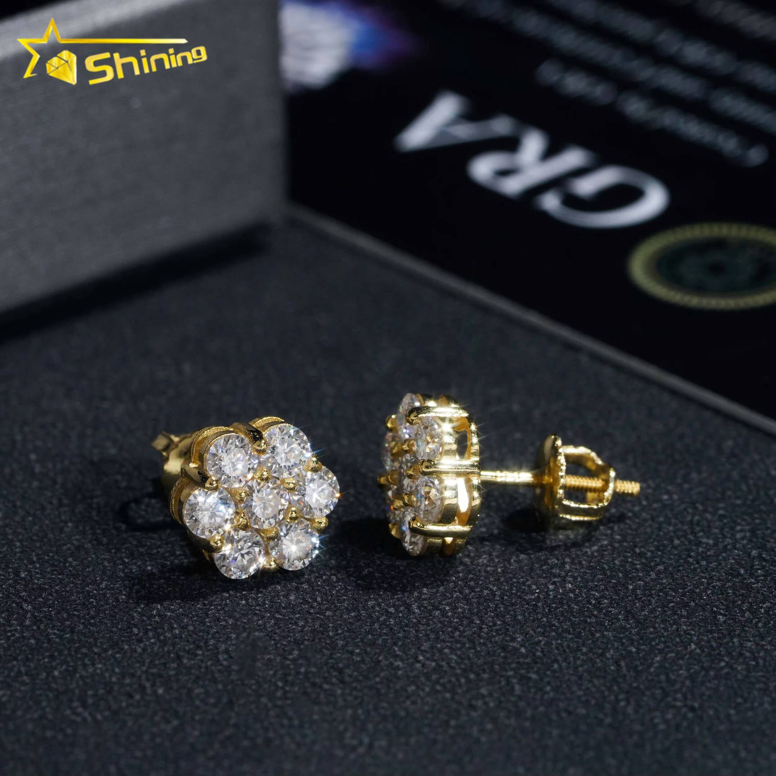 Hot Sale Pass Diamond Tester Hip Hop 925 Silver Gold Plated Flower VVS Moissanite Diamond Stud Earrings