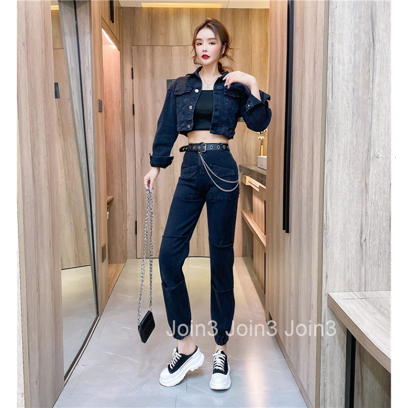 Autumn Winter New Fashionable Slim Fit Long Sleeve Denim Short Jacket Top + Long Pants Set for Women