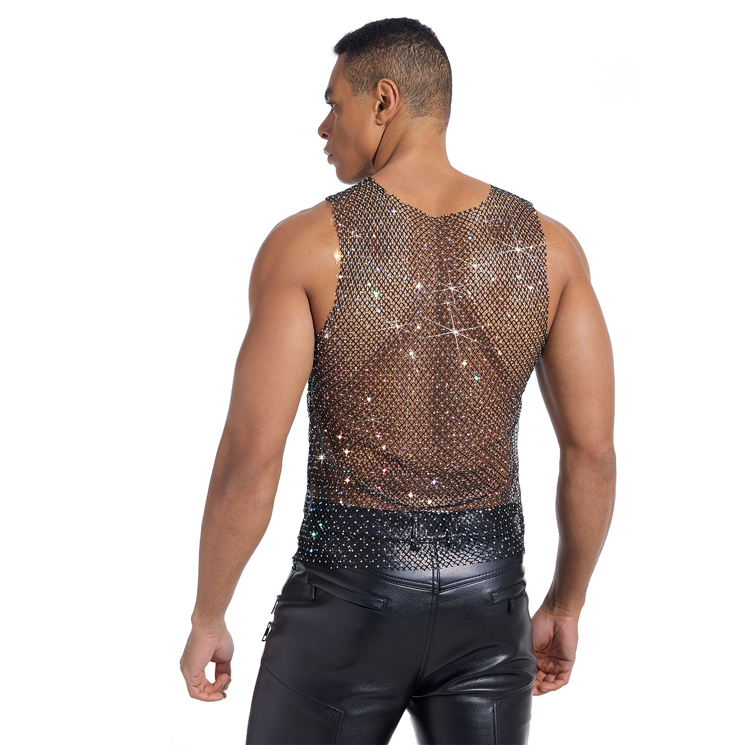 Fashion Mens Mesh Rhinestone T-Shirt Fishnet Rhinestone Party Sheer Blouse Top