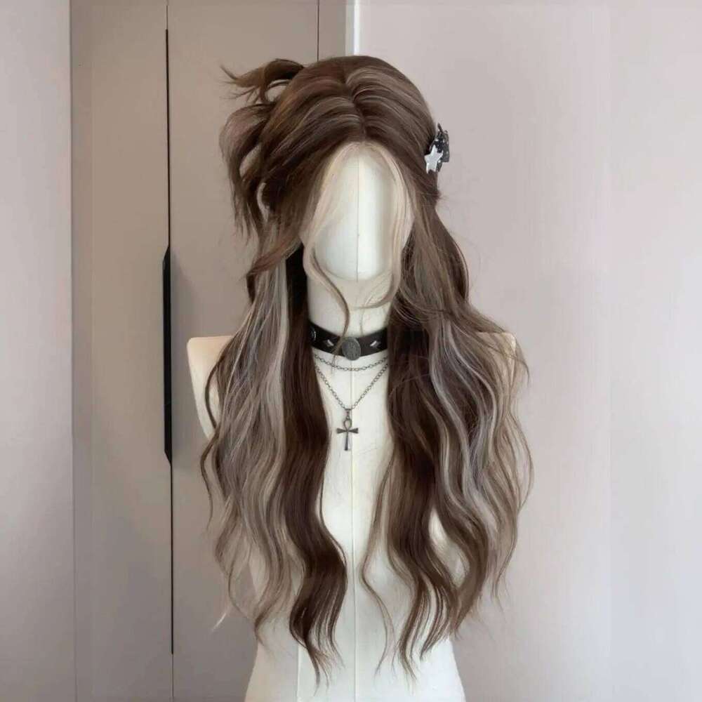 Straight Synthetic Fake Front Lolita Wig For Women Long Wave Human Hair Ombre Brown Red Blonde Hightlight Lace Frontal Wigs Cosplay