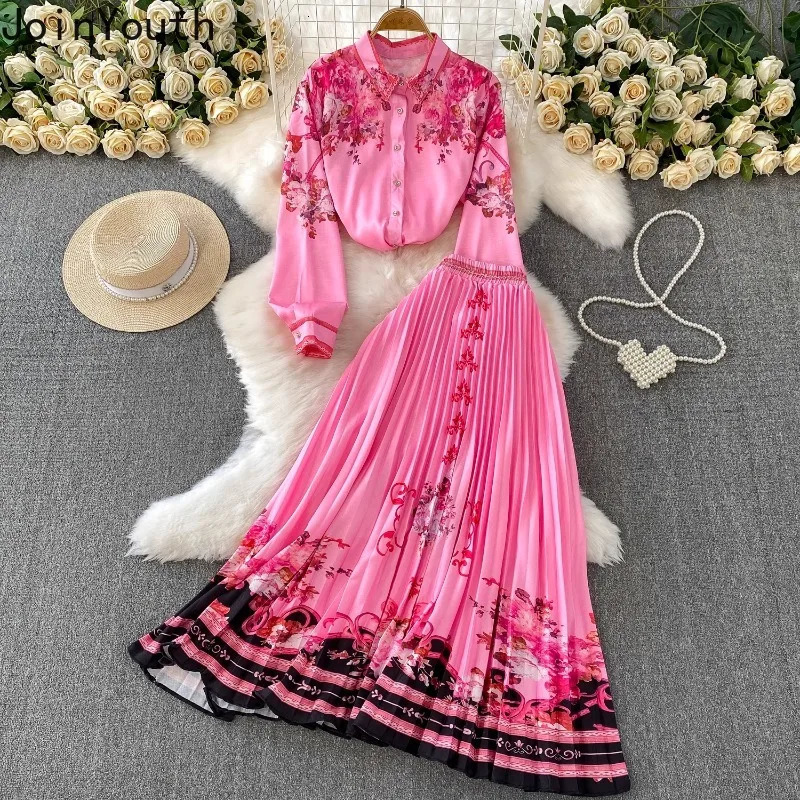 Skirt Outfits Floral Two Piece Sets Women Clothing Long Sleeve Single Breasted Blouses High Waist Pleated Skirts Suit Summer Set 250728