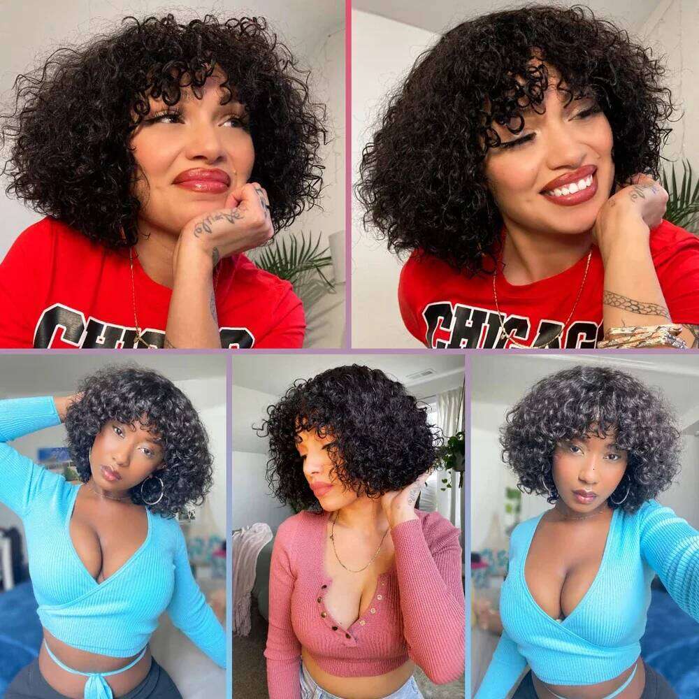 Brazilian Kinky Curly With Bangs Full hine Made Wigs Cheap Remy Human Hair Culry Glueless Wig For Women