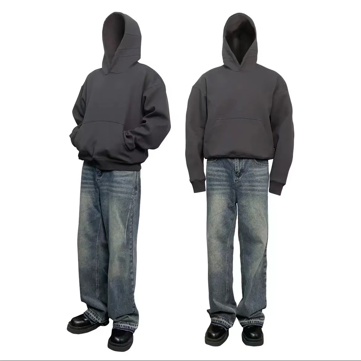 Auticup Spring American Casual Box Cut Hooded Sweatshirt Unisex Loose Solid Color Multi-purpose