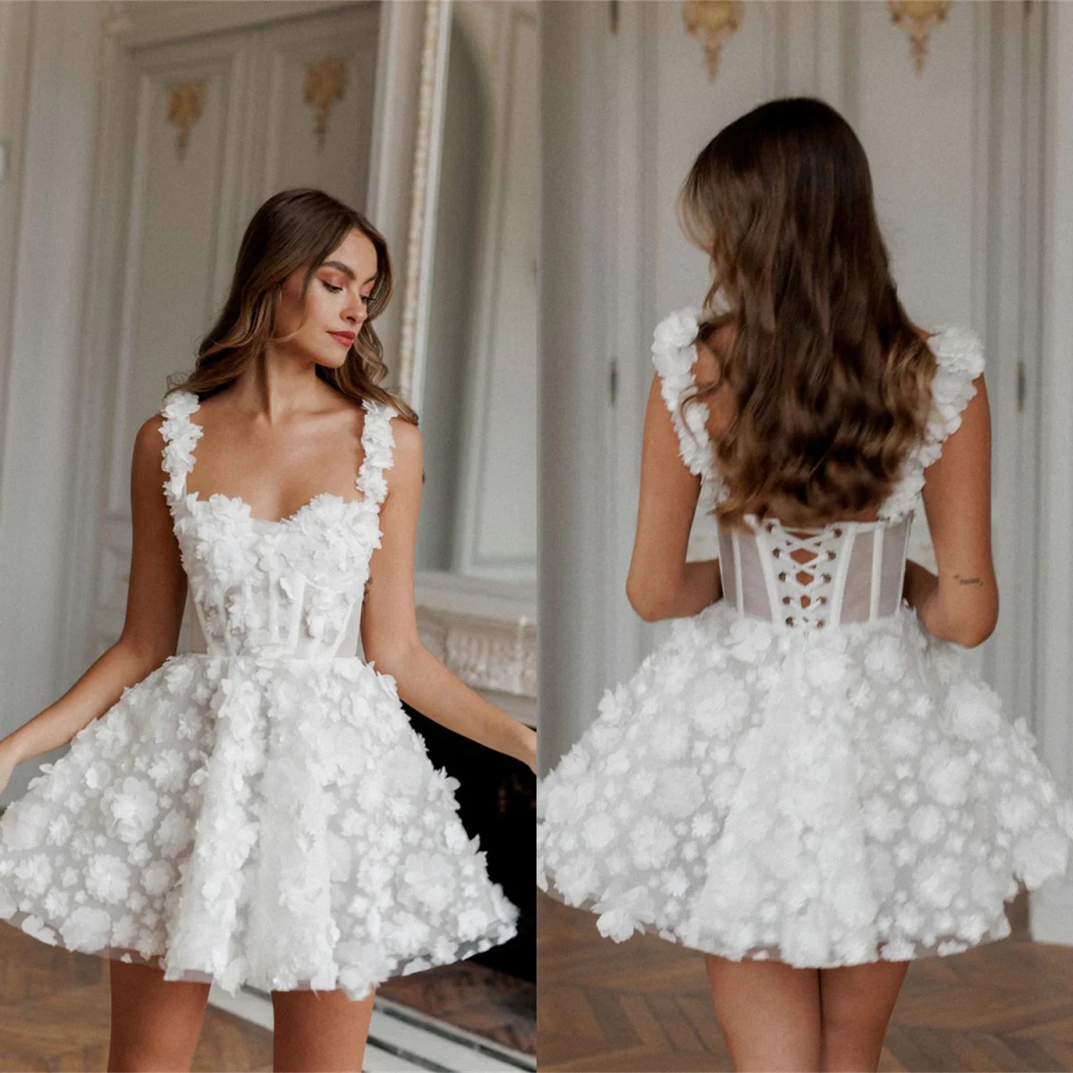 Mini Prom Dresses 3D Flower Lace Embroidery Evening Dress Lace-up Spaghetti Strap Party vestido de novia Size Customized