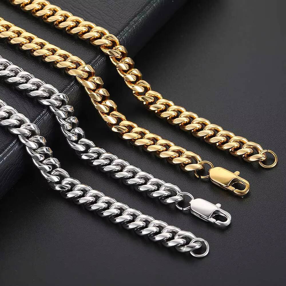 NUOYA Trendy Hip Hop Jewelry Mens Golden Stainless Steel Jewelry 8mm 18K Gold Plated Stainless Steel Cuban Link Chain Necklace