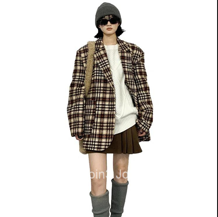Winter New Melad Plaid Elegant Woolen Suit Coat Loose Mid-Length Long Sleeve Woolen Jacket for Women