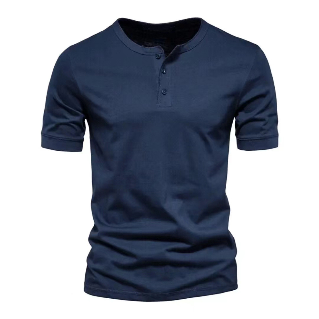 2023 mens V-neck short sleeved t-shirt mens youth leisure fit sports Henley shirt solid color t-shirt men