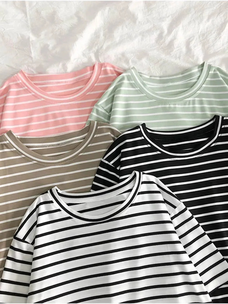 Harajuku Short Sleeve Korean ONeck Casual Fashion Shirt Camiseta Feminina Tops T Shirt Women Solid Color Striped Punk Tshirt 250724