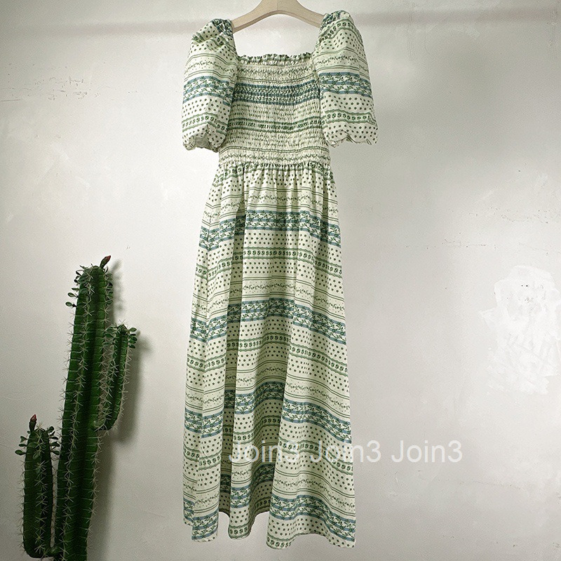 Summer New Off-Shoulder High Waist Slimming Long Dress Ethnic Style Floral Square Neck Puff Short Sleeve Dress