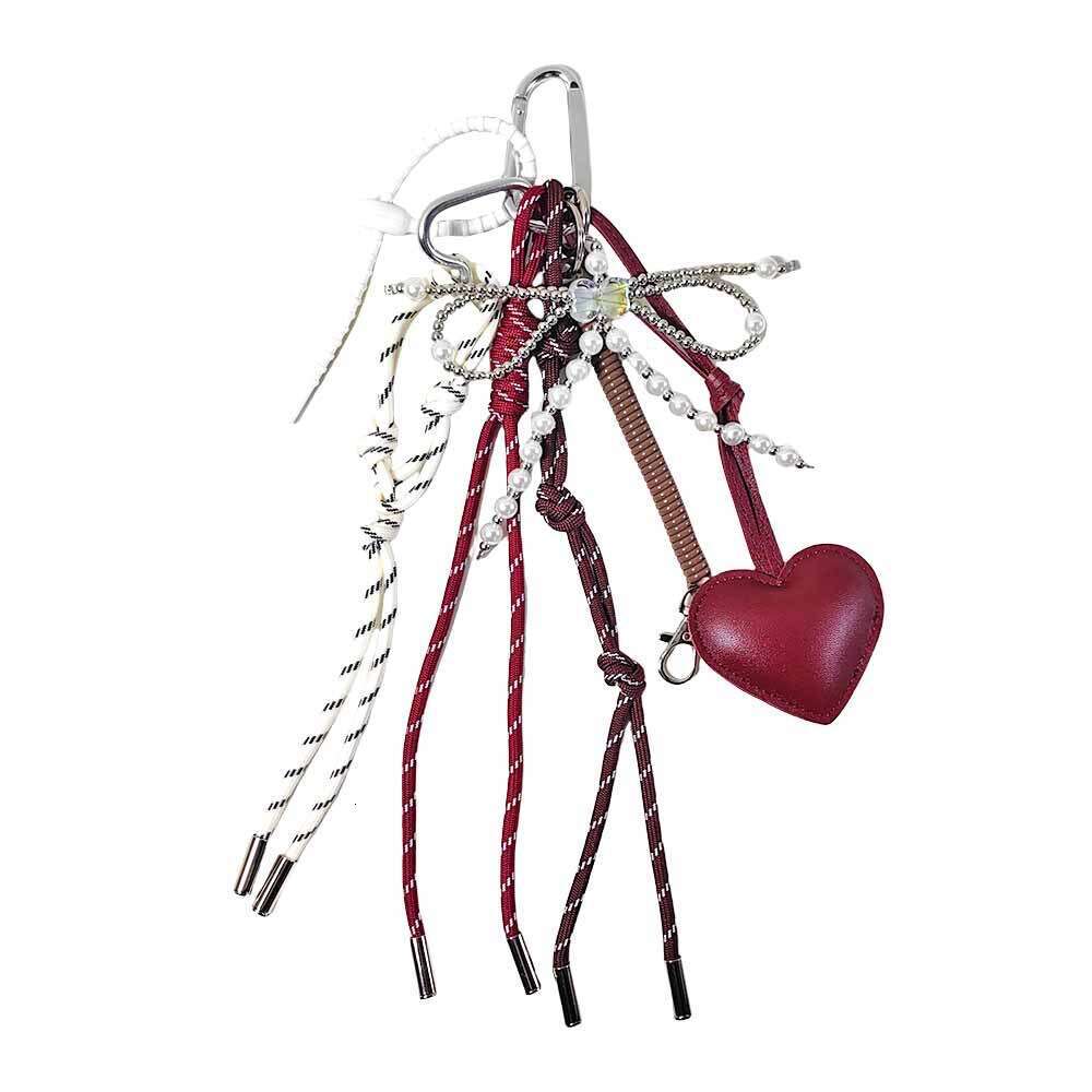 Autumn Winter New Bag Pendant Wine Red Leather Peach Heart Ornament Pearl Bow Keychain