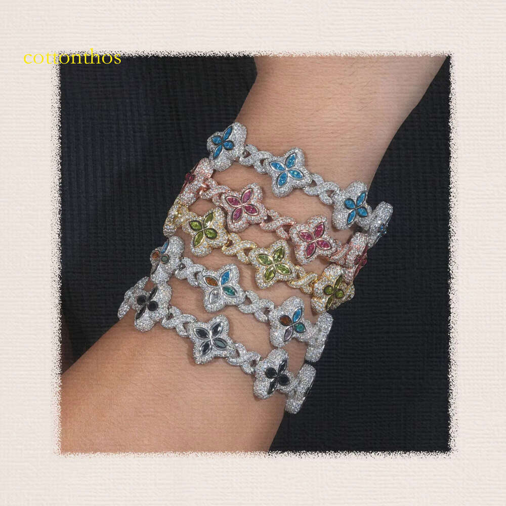 S Sier Four-Leaf Clover Marquise Bracelet European American Cross-Border New Colorful Moissanite Bangles with GRA