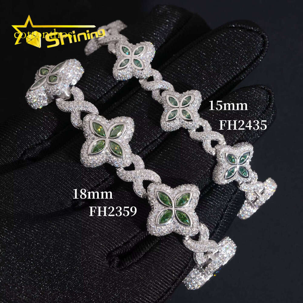 Rapper Hip Hop Jewelry 15mm 18mm Green Clover Cuban Custom Sier Iced Out Infinity Moissanite Bracelet