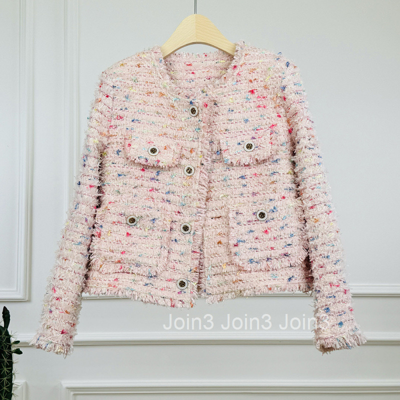 Autumn Winter Floral Tweed Jacket Fashionable Youthful Tassel Tweed Round Neck Elegant Long Sleeve Short Jacket for Women