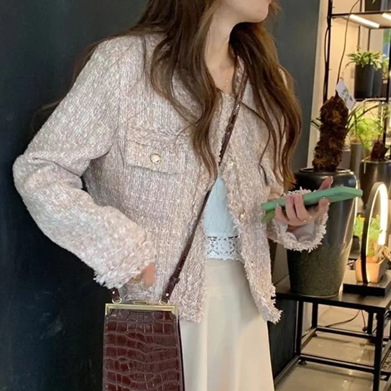 HMA Fashion Korean Chic Vintage Tweed Woolen Jacket Coat Women Autumn Single Breasted Plaid Tassel Office Lady Outerwear 250729