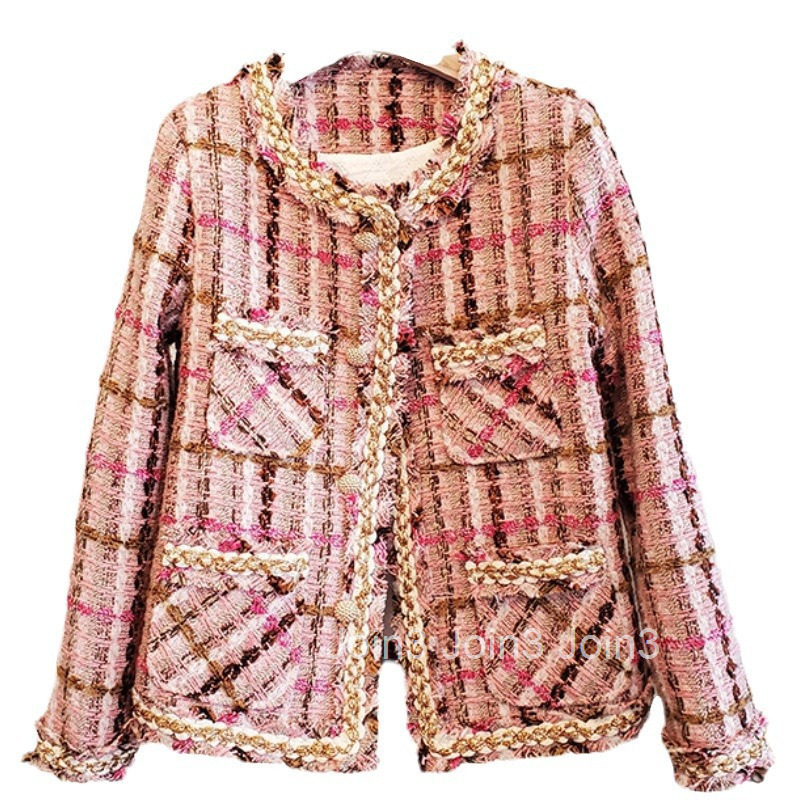 Winter New Small Fragrance Style Round Neck Color-Block Gold Trim Single-Breasted Warm Short Coat for Women Long Sleeve Tweed Coat