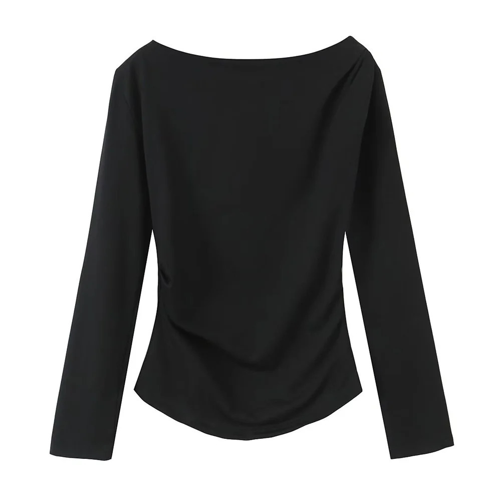 100% Cotton Womens Off the Shoulder Beige Long Sleeve TShirt Asymmetric Ruched n for Stylish and Comfortable Wear 250729