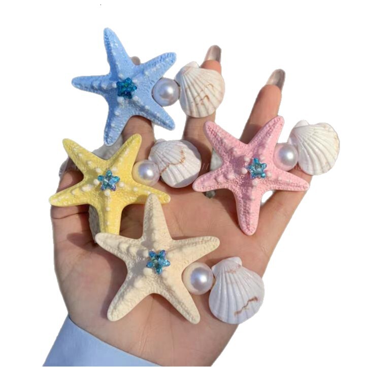 Inlaid Dia Star Pearl Shell Starfish Beach Vacation Style Duckbill Bangs Side Clip Hair Accessory for Women
