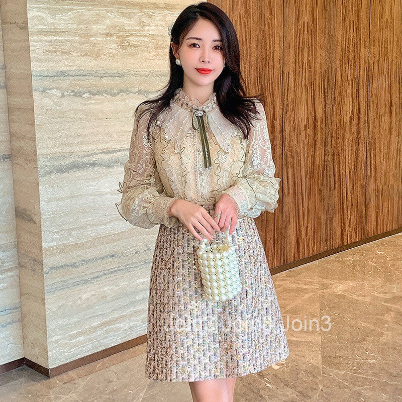 Heavy Textured Dress French Style Autumn Winter Korean Ruffled Patchwork Woven A-line Dress Internet Celebrity Nanyou