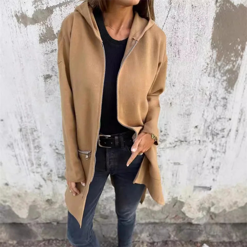 Autumn Winter Casual Zipper Hooded Jacket Women Long Sleeve Cardigan Coat Womens Windbreaker Straight Jackets Red Coats 250729