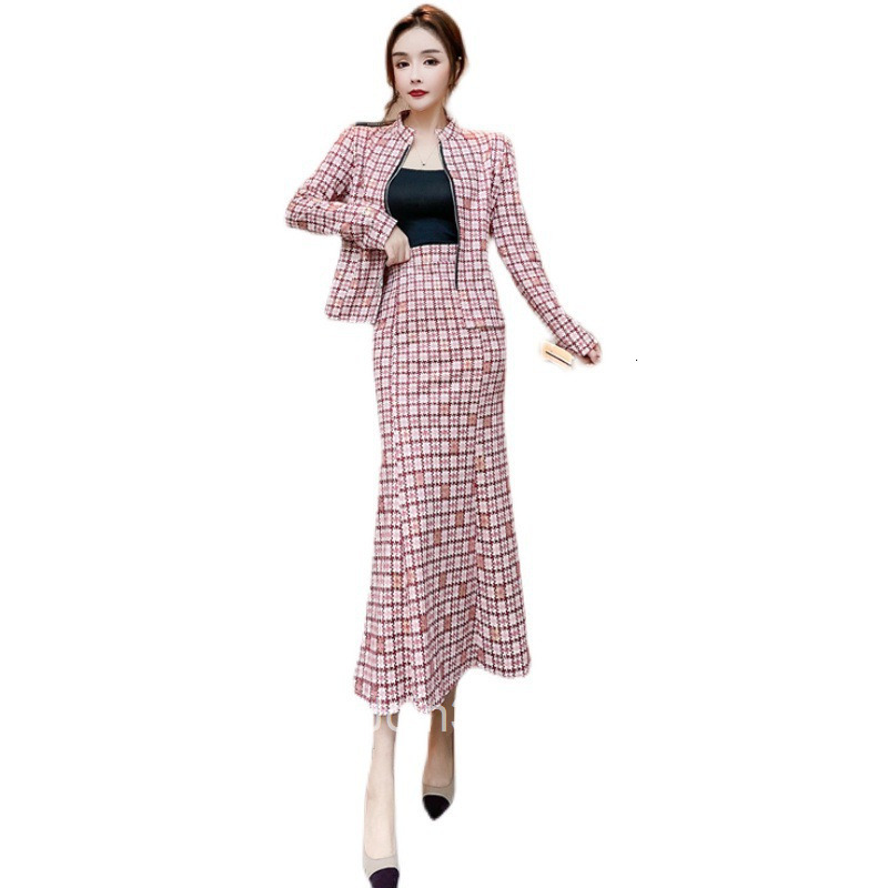 Autumn Winter New Fashionable Stylish Internet Celebrity Goddess Suede Plaid Slim Long Sleeve Jacket Bodycon Long Skirt Set