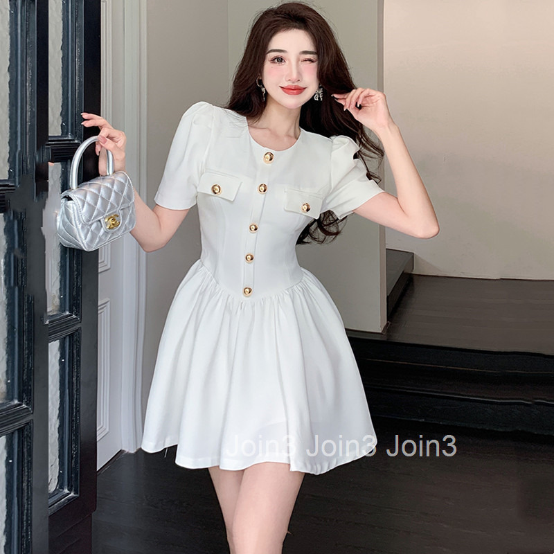 Internet Celebrity Textured Little Fragrance Dress 25 Summer New Fashionable Elegant Slim Fit Puff Sleeve Waist-Cinching Puffy Dress