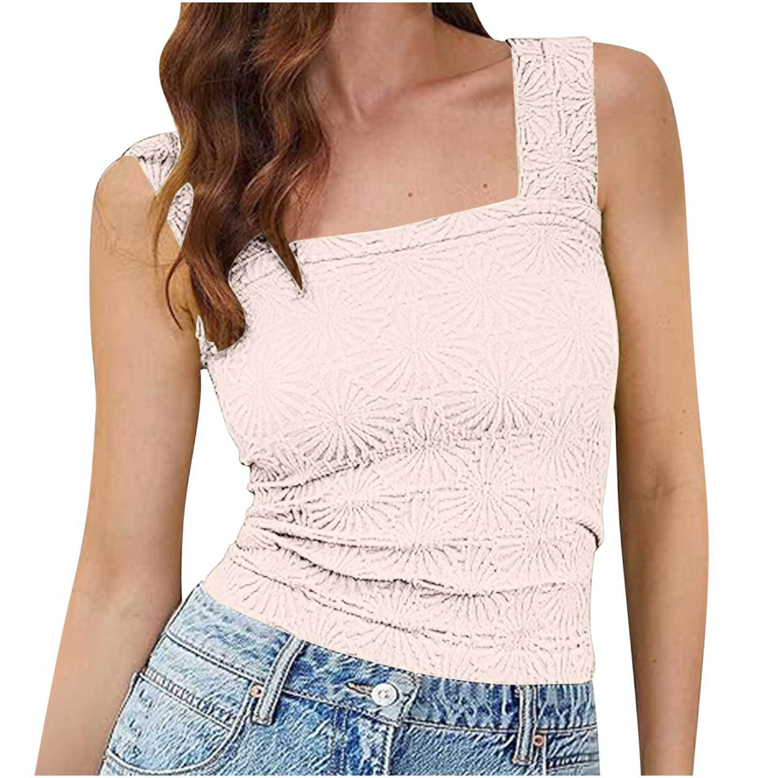 Women's new high elastic tight jacquard square collar sleeveless vest blouse