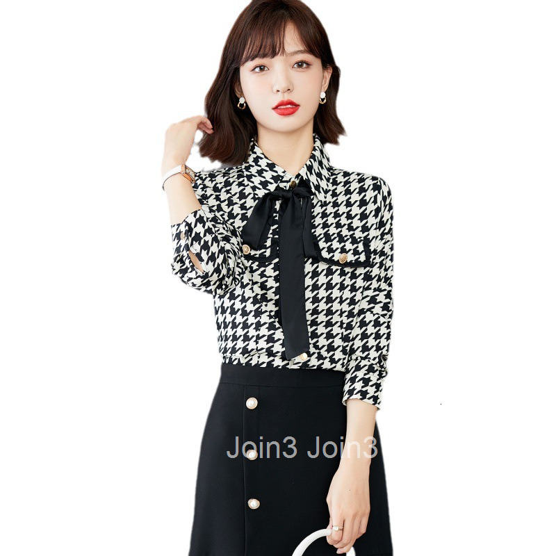 Spring and Autumn New Large Size Womens Houndstooth Fashionable Stylish Plaid Base Bowknot Shirt Blouse for Women