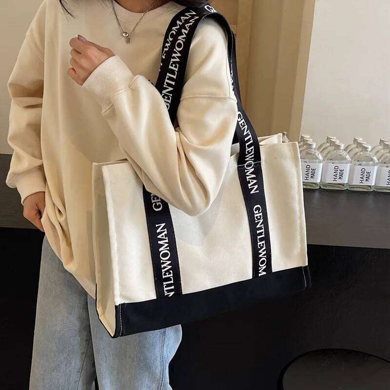 Canvas Tote Women Letter Print Shoulder Bag Stylish Colorblock Work Purse Fashion Office Commute Handbag