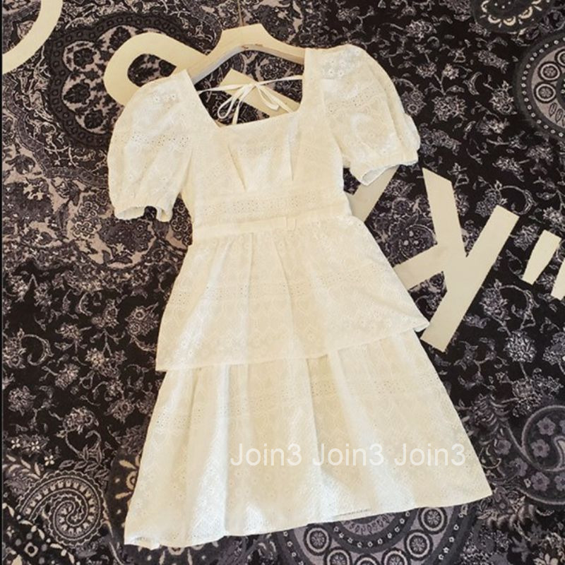 Summer New Fashion French Mid-Length Dress Square Neck Puff Short Sleeve Dress Hot List Daily Outfit Collection