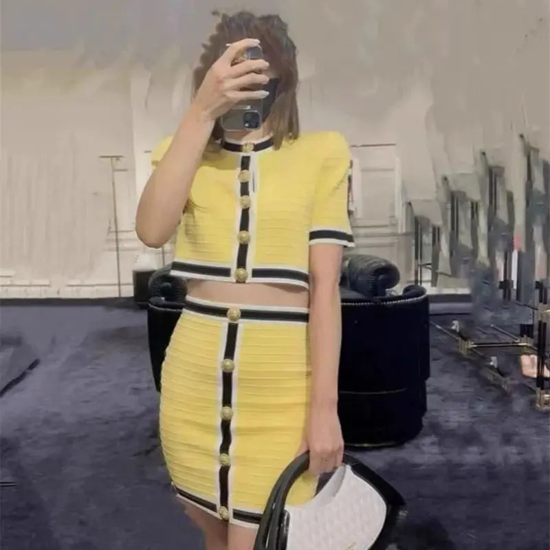 Summer Elegant Party Suit Short Sleeves Knitted Cardigan Top Slim High Waist Skirt y Women Outfits 2Piece Set K597 250729