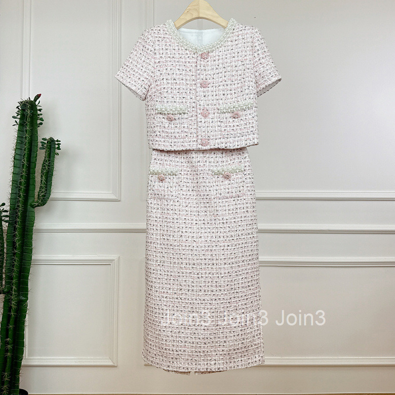 Summer New French Style Elegant Short Sleeve Top Short Beaded Knitted Cardigan Bodycon Skirt Set