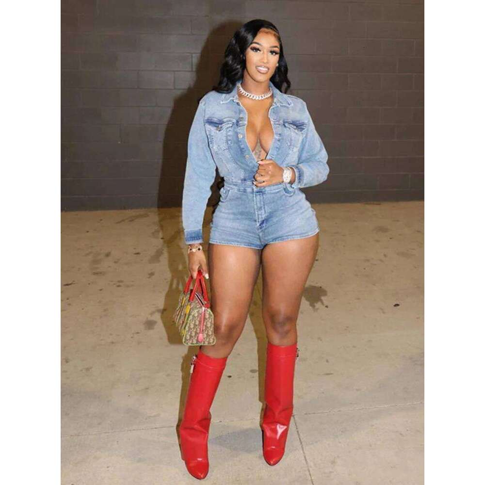 Weird Puss Elastic Denim Women Playsuit Lapel Single-Breasted Full Sleeve One Pieces Shorts Trendy Vintage High Street Partywear