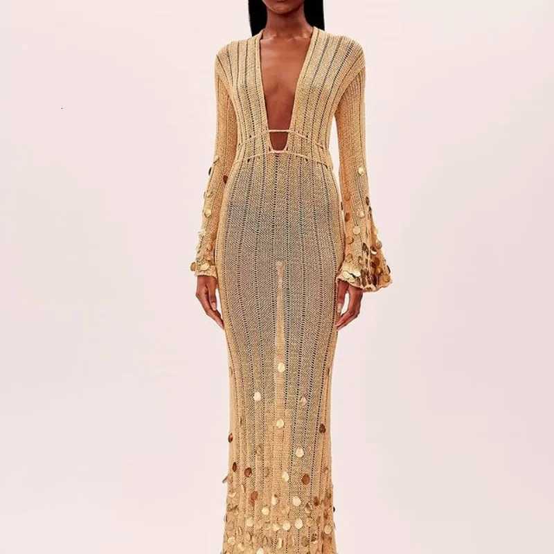 2025 New Lady Clothing Shinny Sequin Knitted Maxi Dress Deep Neck Lace Up High Waist Long Robes See Through Party Club Dresses Z250728